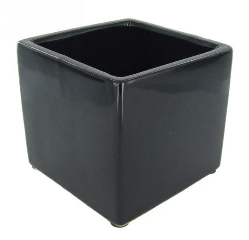 Sleek black ceramic Bondi Cube, 13x13x12cm, perfect for modern decor and versatile as a planter or storage solution.