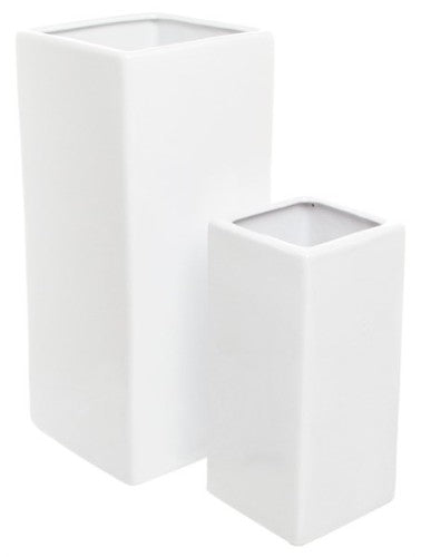 Set of 2 white ceramic square tanks, 11x11x25 cm, perfect for plants or decor in modern home settings.