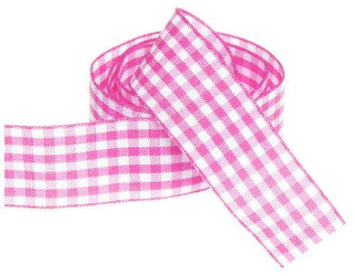 Vibrant hot pink gingham ribbon, 25mm wide and 20m long, perfect for bows, gifts, and DIY projects.