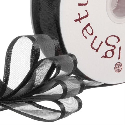 Black organdy ribbon with satin edge, 23mm wide and 20m long, perfect for elegant crafts, gift wrapping, and decorations.