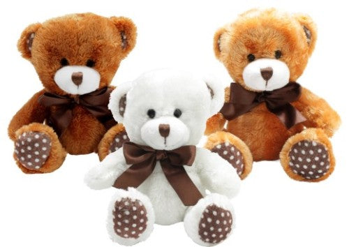 Set of 3 Aubrey Bears in brown, tan, and cream, each with a brown ribbon, perfect for cuddles and playtime adventures.
