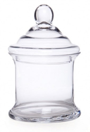 Clear glass candy jar with lid, 14.5 cm diameter by 24 cm height, perfect for storing sweets and snacks while enhancing decor.