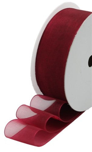 Luxurious burgundy organza ribbon, perfect for weddings, crafts, and gift wrapping with a delicate sheen and soft texture.