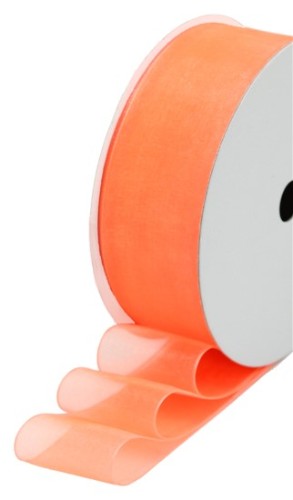 Vibrant orange organza ribbon, 40mm wide and 50m long, ideal for elegant crafting and decorating projects.