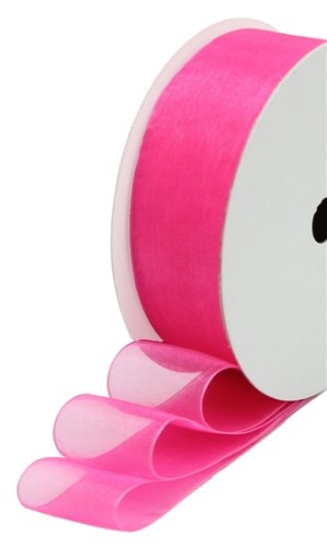Sheer rose pink organza ribbon, 25mm wide and 50m long, perfect for elegant crafts and gift wrapping.