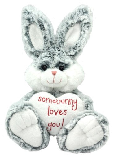 Adorable grey bunny soft toy with a white heart, measuring 30cm, featuring 'Somebunny Loves You' embroidery.