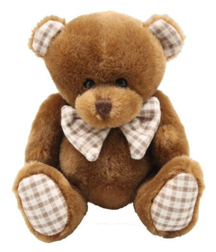 Set of 2 Boris Plush Sitting Bears in beige and brown, featuring checkered trims, perfect for cuddles and nursery decor.