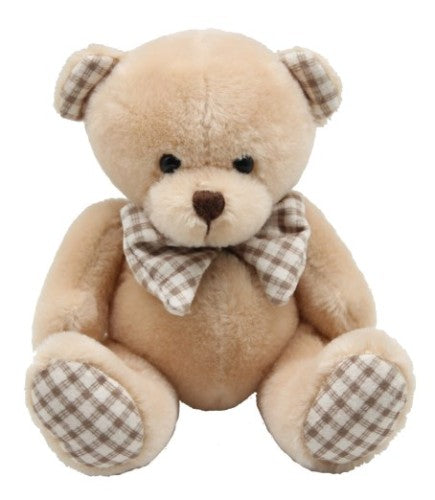 Boris Plush Sitting Bear Set of 2 in beige and brown with checkered trims, perfect for cuddles and nursery decor.