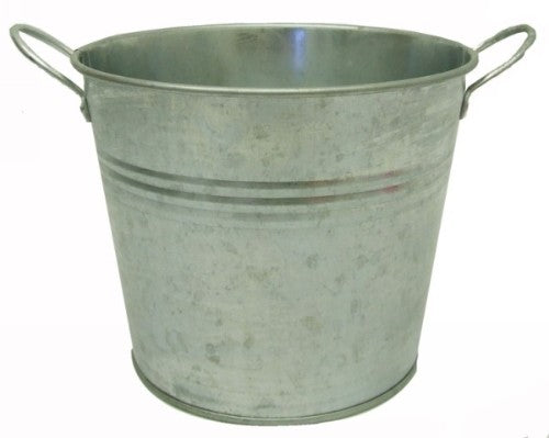 Set of 6 silver metal buckets with two handles, perfect for storage, decoration, or gardening tasks.