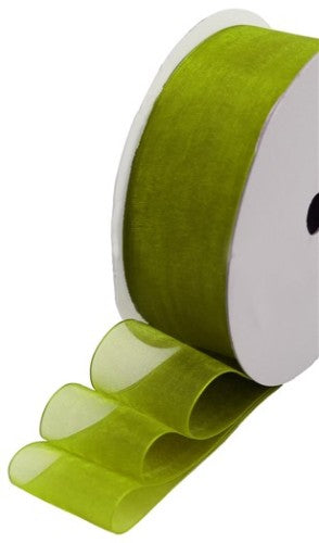 Gorgeous sheer organza ribbon in Avocado, 25mm wide, perfect for elegant crafting, gift wrapping, and floral accents.