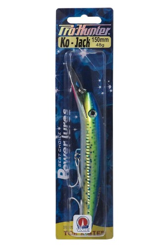 Kojak Lure Pro Hunter in blue/green, 150mm long, designed for deep-sea fishing and fast trolling to attract big fish.