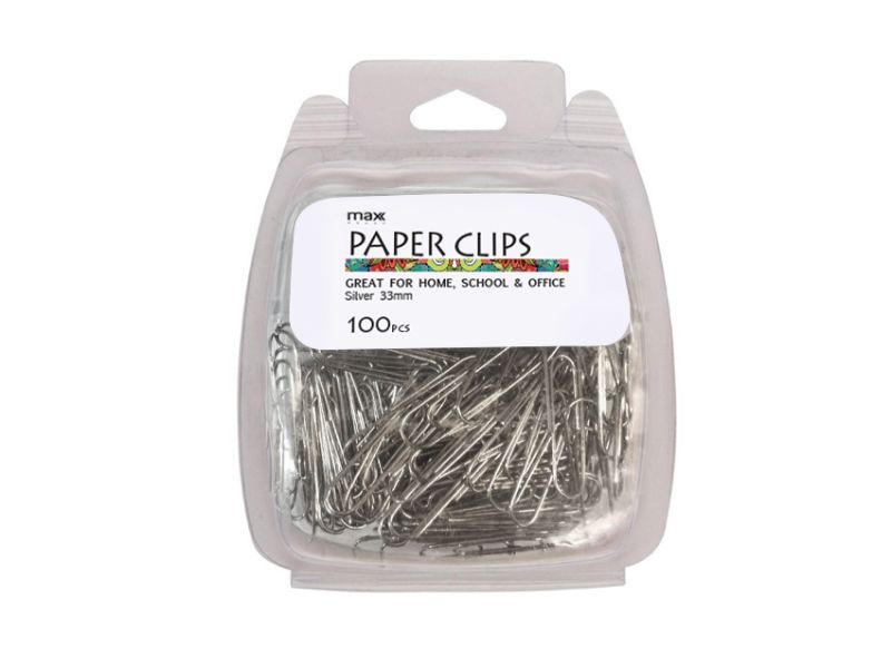 Max Brand Silver Round Paper Clips, 33mm, 12 packs of 100 clips each for secure document organization and durability.