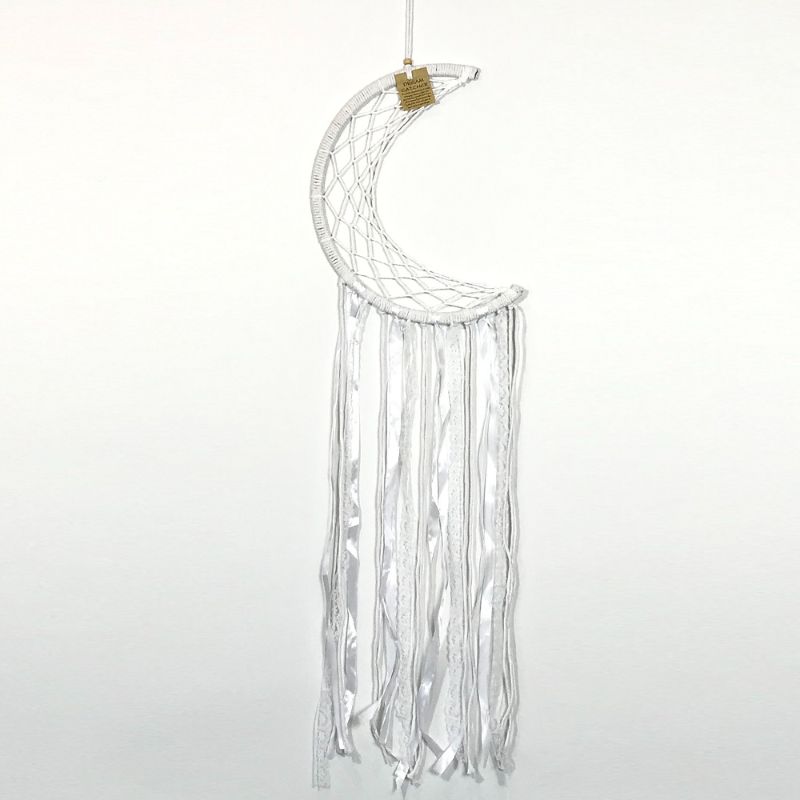 White Half Moon Dreamcatcher, 27cm, featuring intricate webbing and delicate feathers for serene home decor.
