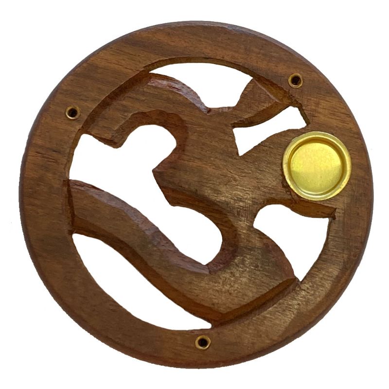 Handcrafted 4-inch OM Incense and Cone Holder in Sheesham wood, perfect for meditation and creating a serene atmosphere.