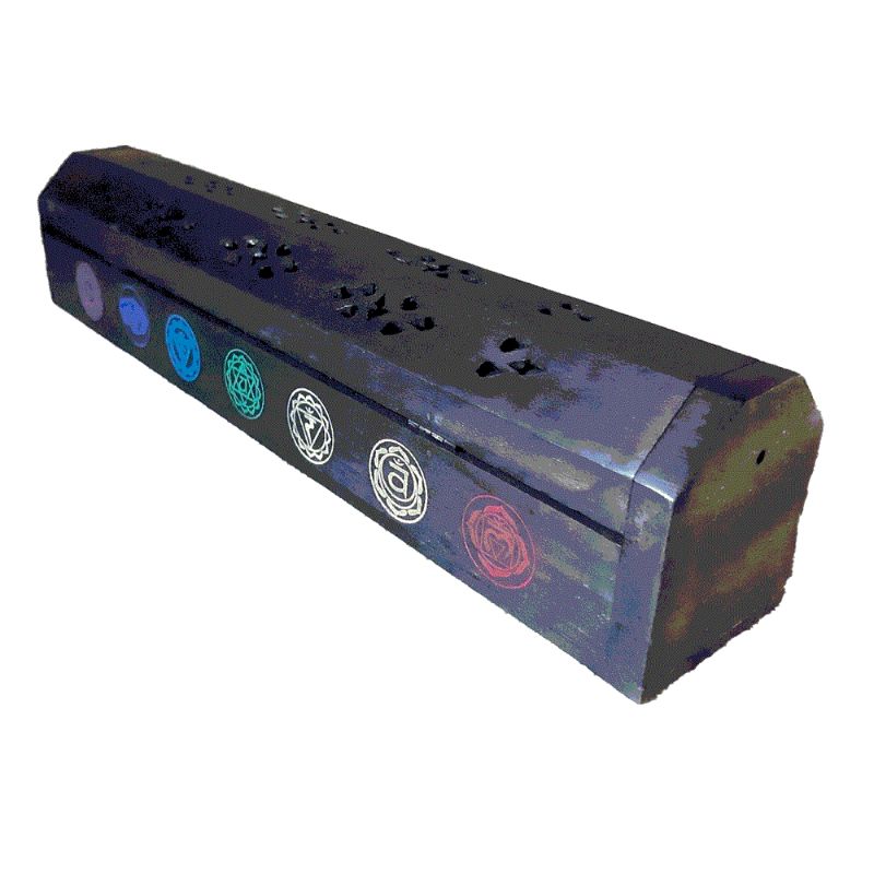 Elegant 12-inch Black Chakra Box Incense Burner crafted from mango wood, featuring stick holes, cone burners, and storage space.