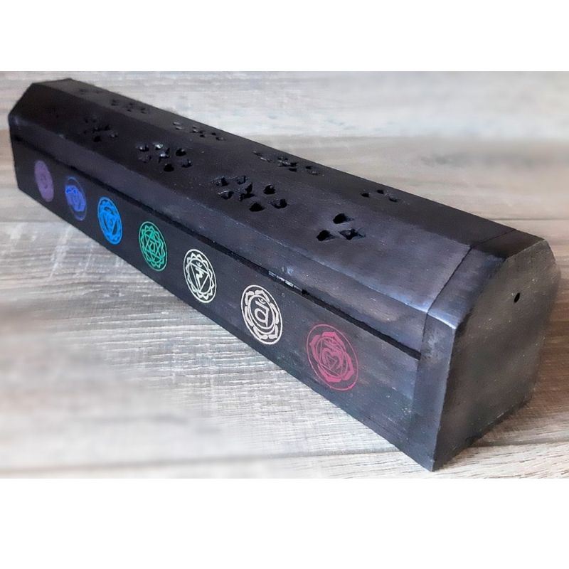 Elegant black chakra box incense burner made from mango wood, featuring stick holes, cone burners, and hidden storage.