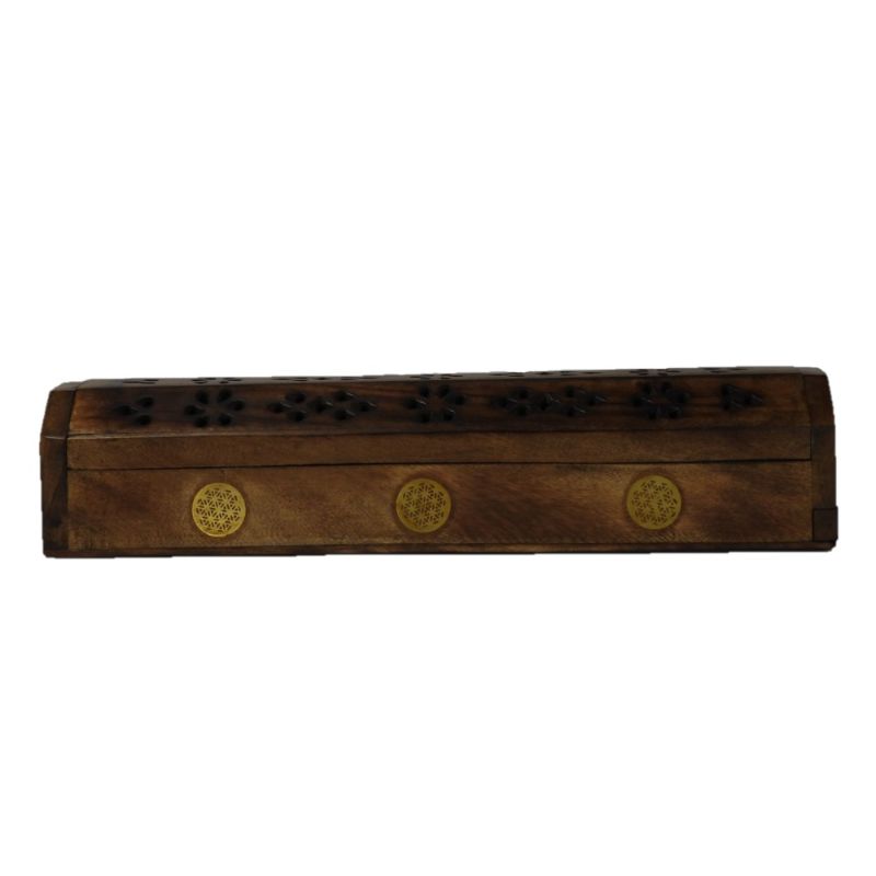 Flower Of Life Box Incense Burner in mango wood, featuring a serene design, storage, and versatility for incense use.