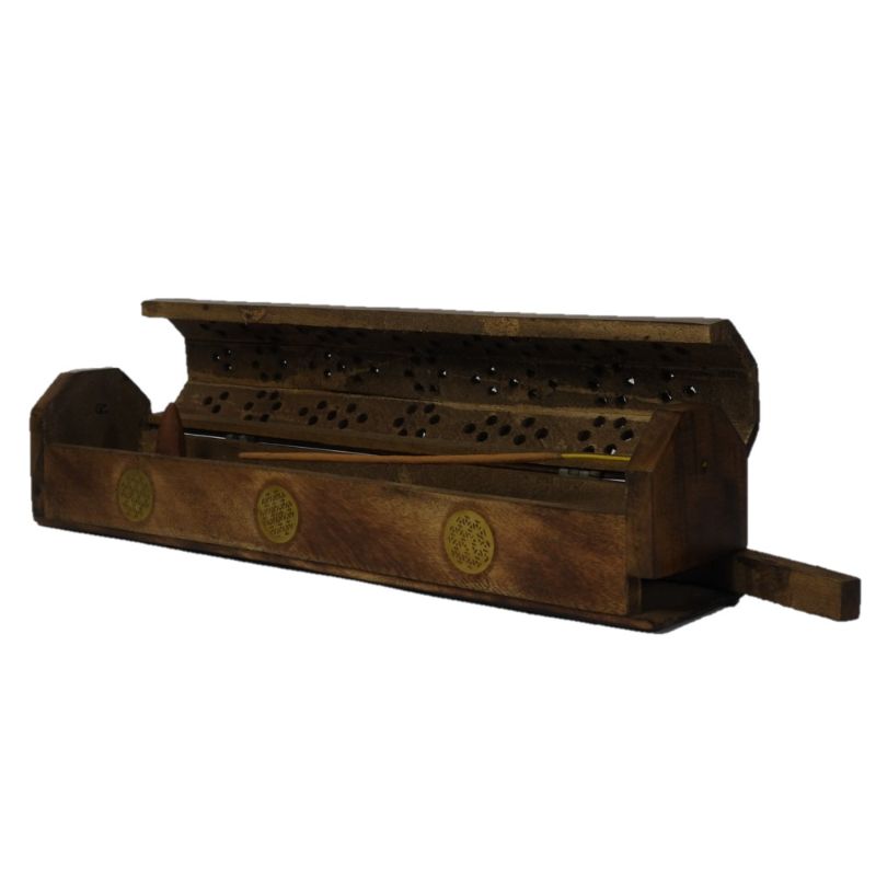 Elegant 12-inch Flower Of Life Box Incense Burner in mango wood, designed for sticks and cones with storage for organized use.