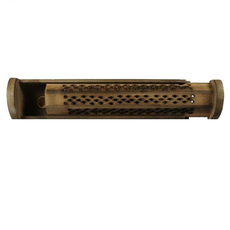 Handcrafted 12-inch mango wood incense burner with sliding top, antique finish, and storage for cones and sticks.