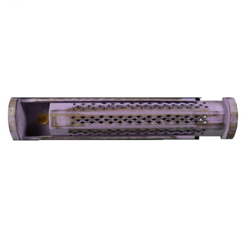 Jali Sliding Purple Box Incense Burner, 12-inch mango wood with sliding top, storage, and holes for stick and cone incense.