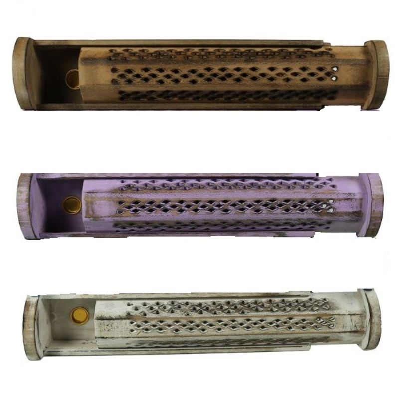 Jali Sliding Purple Box Incense Burner, 12-inch mango wood with sliding top, holds sticks/cones, vibrant purple finish, handcrafted.