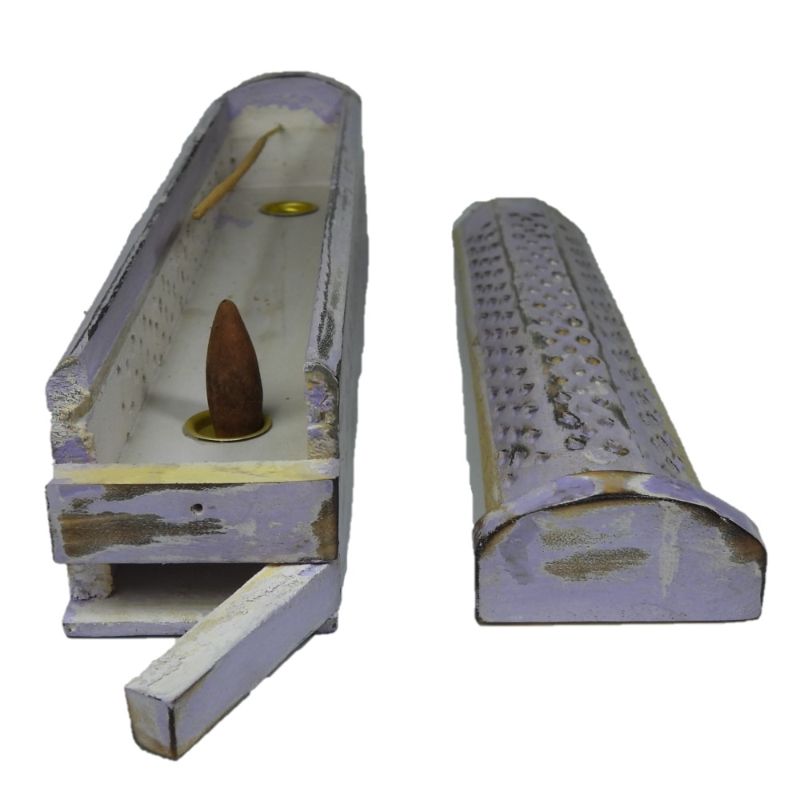 Handcrafted 12-inch purple mango wood incense burner with sliding top, dual cone holes, and spacious storage for incense.