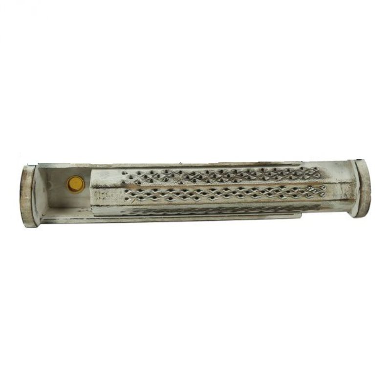 Jali Sliding White Box Incense Burner: 12-inch handcrafted mango wood holder with sliding top and storage for incense.