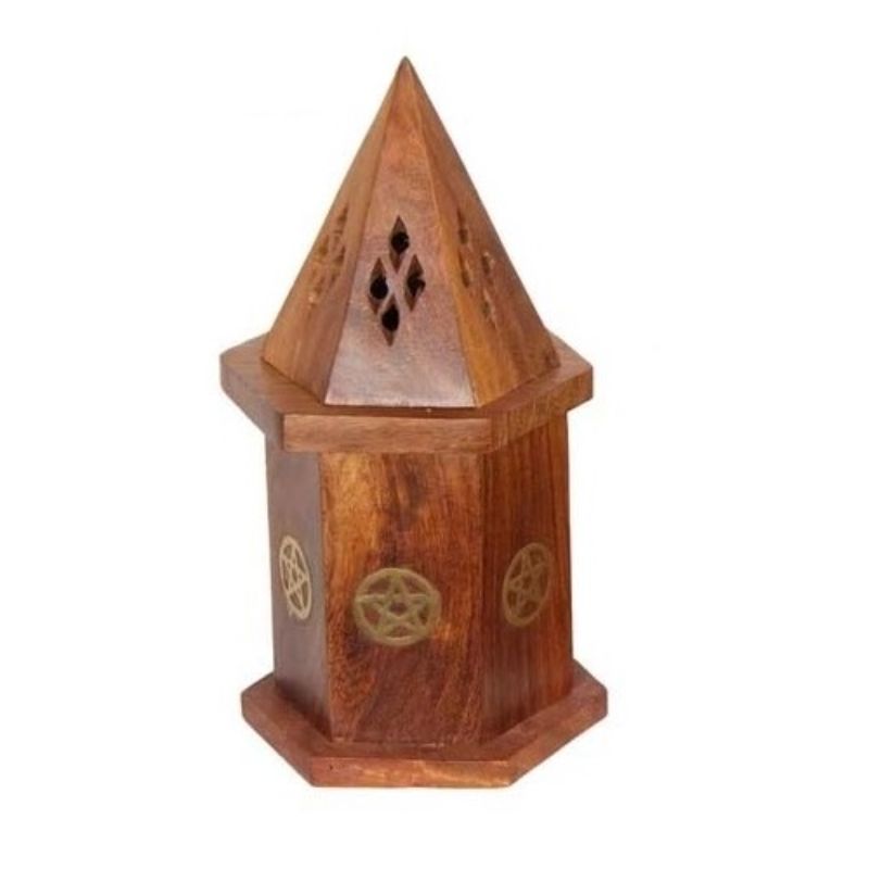 Handcrafted Pentacle cone burner with brass inlay, featuring storage and a mini 6-inch design in Sheesham wood.