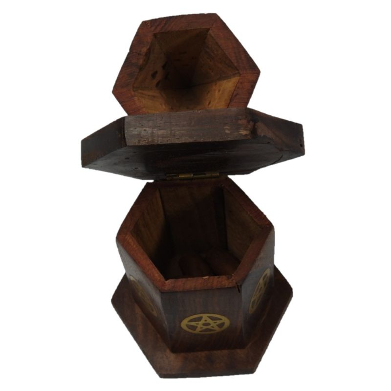 Handcrafted Sheesham wood pentacle cone burner with brass inlay and storage, ideal for enhancing spiritual practices and decor.