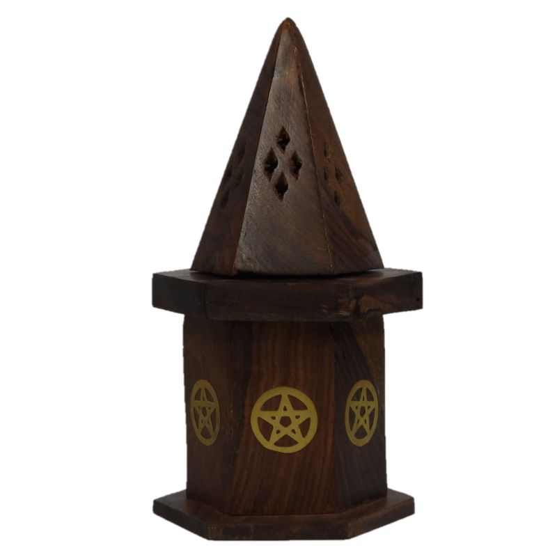 Pentacle cone burner made of Sheesham wood with brass inlay, featuring storage for incense cones, perfect for spiritual practices.