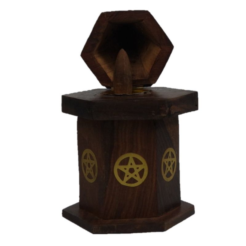 Pentacle cone burner in polished Sheesham wood with brass inlay, featuring a storage compartment for incense cones.