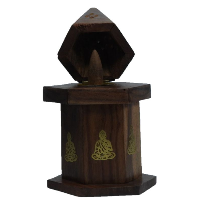 Handcrafted Sheesham wood Buddha cone burner with brass inlay; functional storage for incense; ideal for meditation and decor.