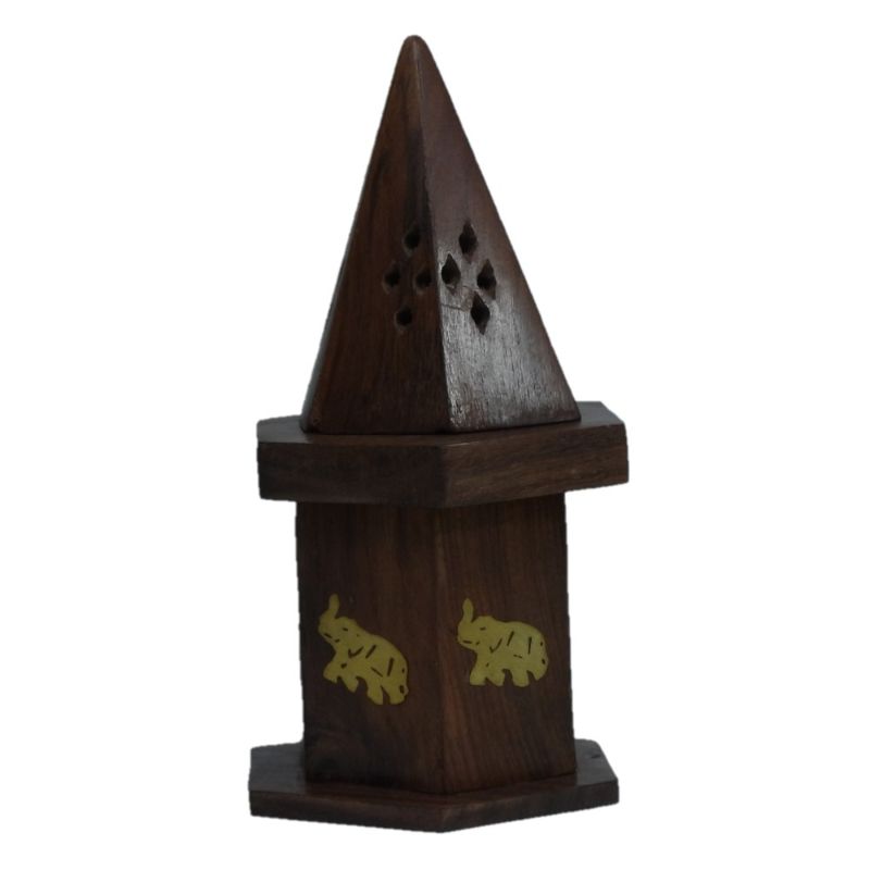 Elegant Elephant Cone Burner crafted from Sheesham wood, featuring brass inlay and storage for incense cones.