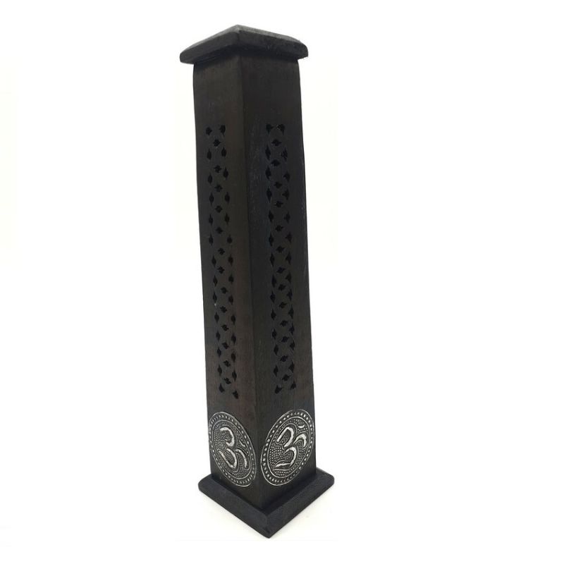 Elegant 12-inch OM Incense Tower in black mango wood with antique metal design, perfect for enhancing meditation and decor.