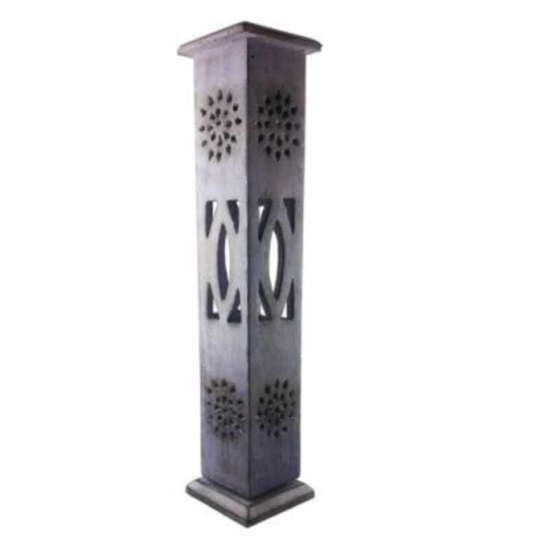 Purple Incense Tower, 12-inch mango wood holder with lavender wash, crafted in India for calming ambiance and chic decor.