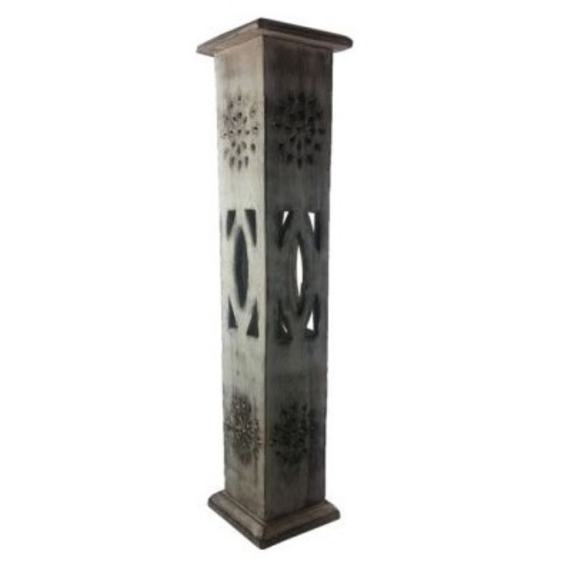 Elegant 12-inch white wash incense tower crafted from mango wood, ideal for meditation and enhancing home decor.