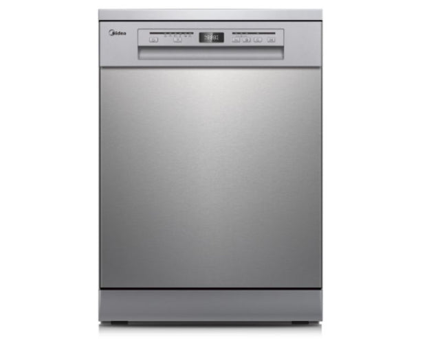 Midea 15 Place Setting Dishwasher with stainless steel front, 6 wash programs, adjustable baskets, and energy efficiency.
