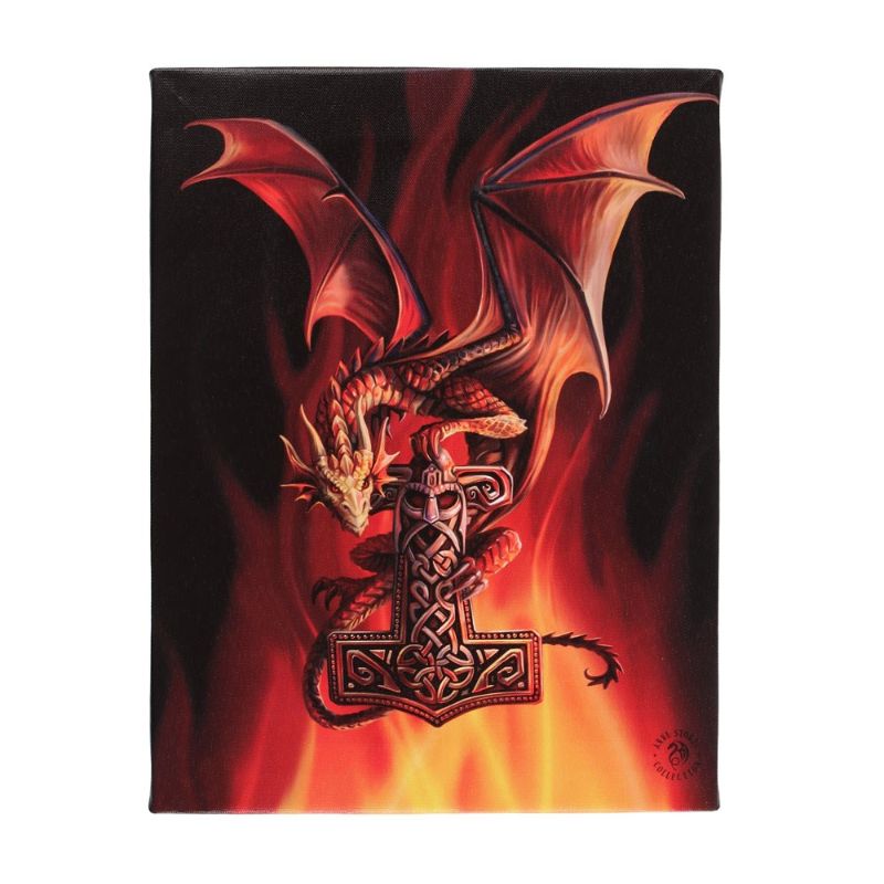 Small Mjolnir canvas plaque by Anne Stokes, featuring vibrant dragon artwork inspired by Norse mythology, perfect for fantasy art lovers.