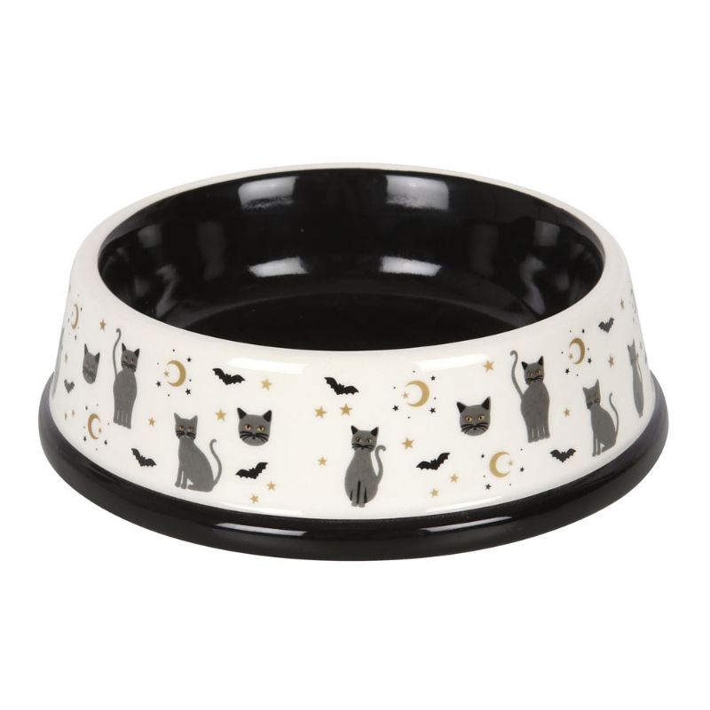 Gothicat Print Food Bowl featuring black cats, bats, and moons; perfect for adding magic to pet mealtime.