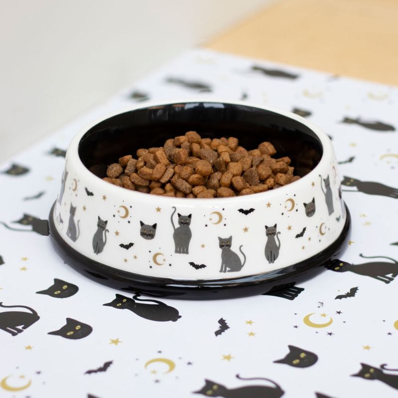 Enchanting Gothicat Print Food Bowl featuring whimsical black cats, bats, and moons, perfect for stylish pet mealtime.