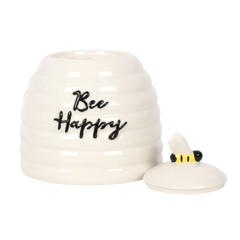 Bee Happy Ceramic Storage Jar shaped like a beehive, featuring a 'Bee Happy' message and a 3D bee lid accent.