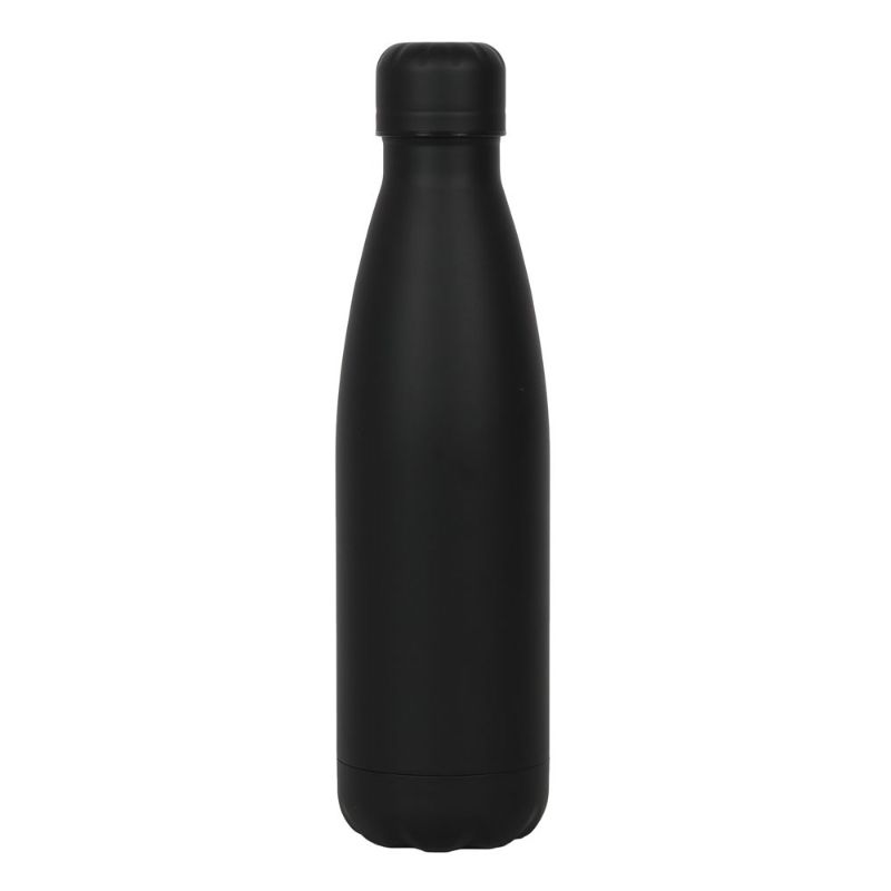 Black metal water bottle with moon tarot illustration, 500ml capacity, screw-top lid for hydration on the go.