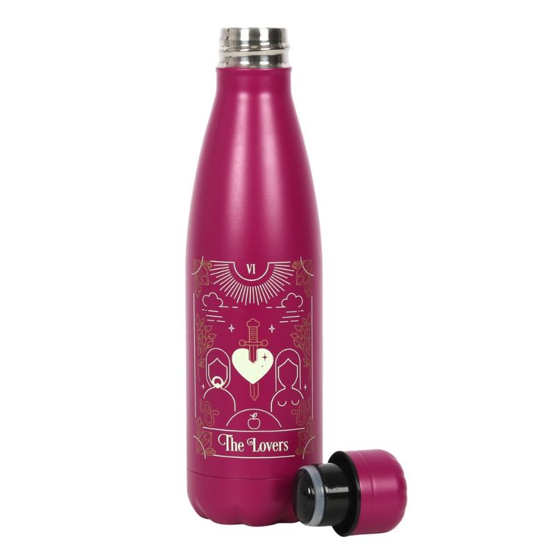 Pink metal Lovers Tarot water bottle with 500ml capacity and illustrated design, perfect for eco-friendly hydration.