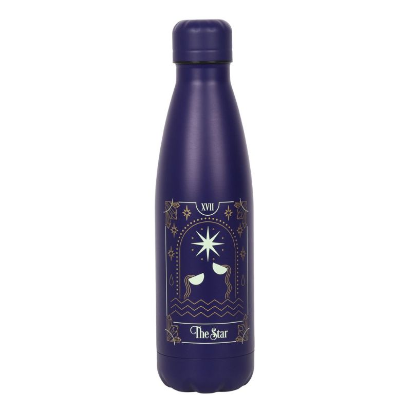 Navy blue metal water bottle with star tarot illustration, 500ml capacity, screw-top lid, eco-friendly design.