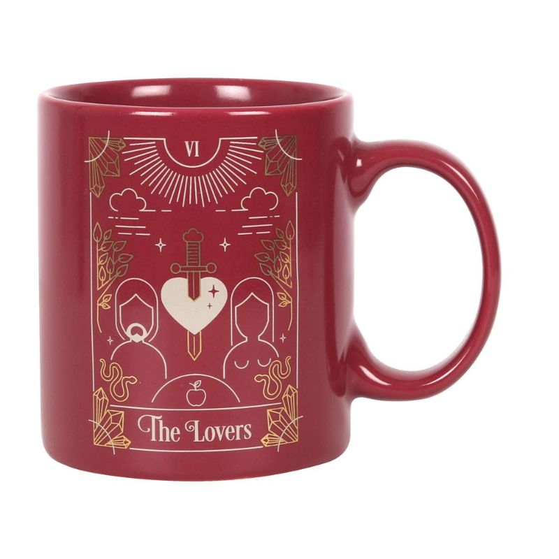 Ceramic mug in pink with white and gold foil Lovers tarot design, 350ml capacity, microwave and dishwasher safe.