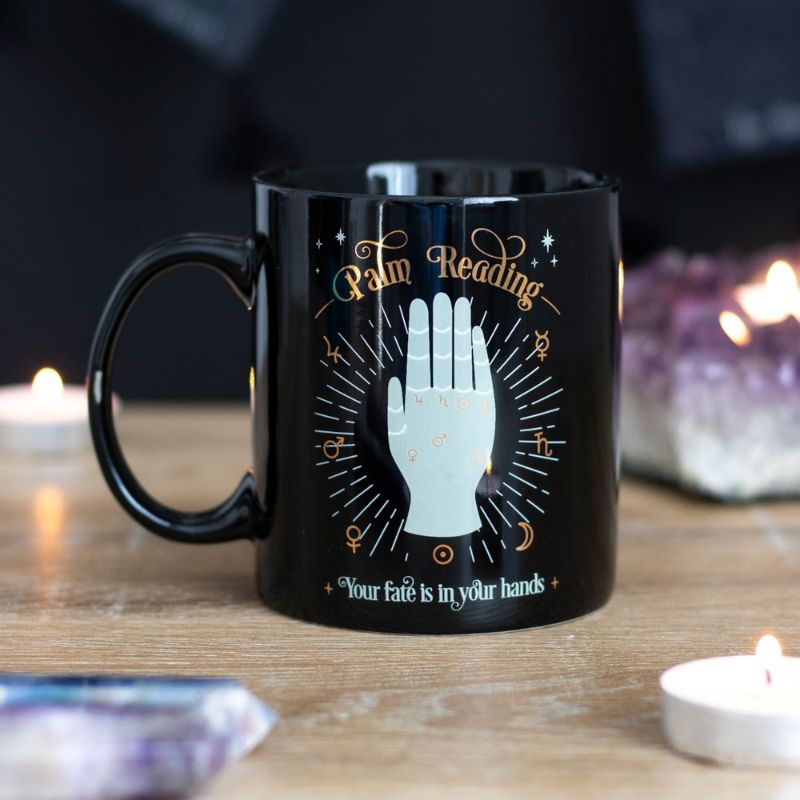 Palm Reading Ceramic Mug with white and gold foil illustration, featuring palmistry symbols; perfect for coffee or tea.