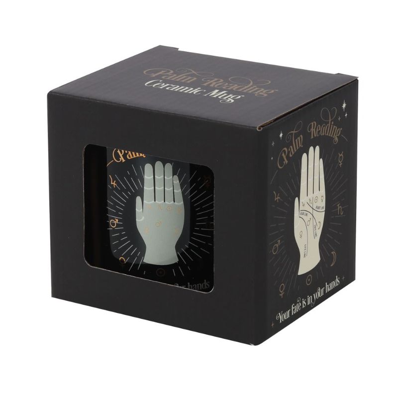 Palm Reading Ceramic Mug featuring elegant white and gold illustrations of palmistry symbols, ideal for mystical enthusiasts.