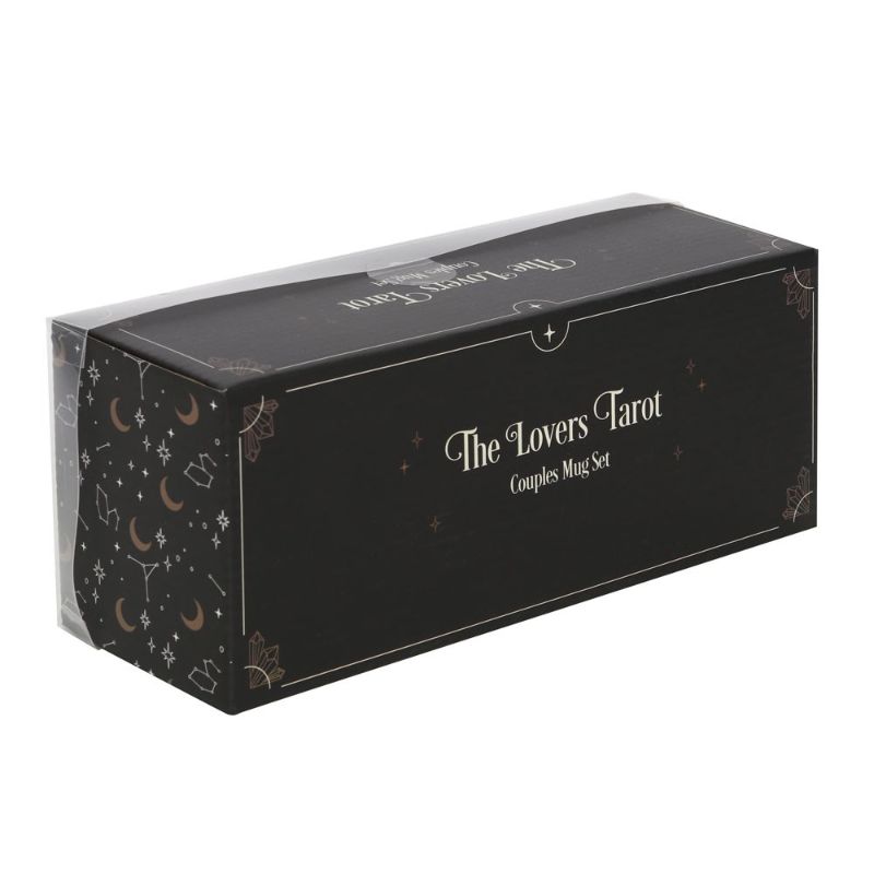 Ceramic mug set featuring 'The Lovers' tarot illustrations, perfect for couples to enjoy beverages together.
