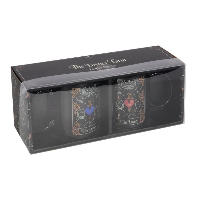 Couples mug set with 'The Lovers' tarot illustrations, perfect gift for coffee lovers celebrating romance.