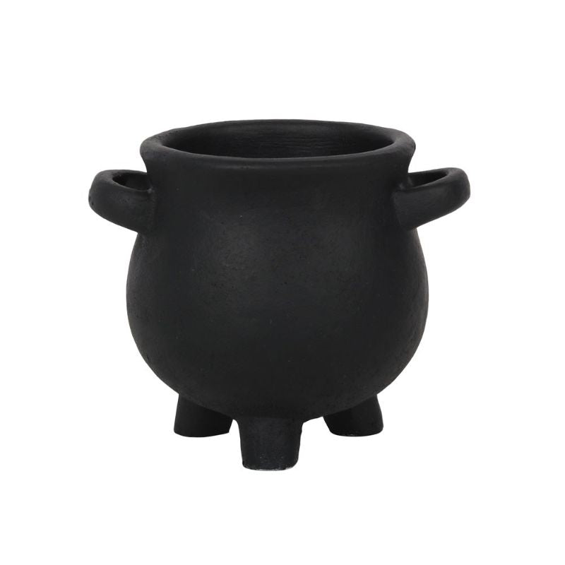 Small resin plant pot shaped like a witch's cauldron, featuring 'Herbs for spells' text and star accents, perfect for herbs.